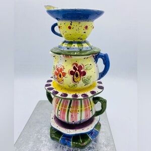 Vintage Julie Ueland Enesco Ceramic Hand Painted Stacked Teacup Candle Holder